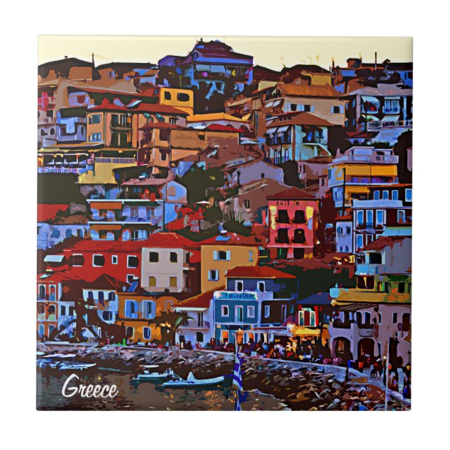 Greece colourful building beach tile (Front)