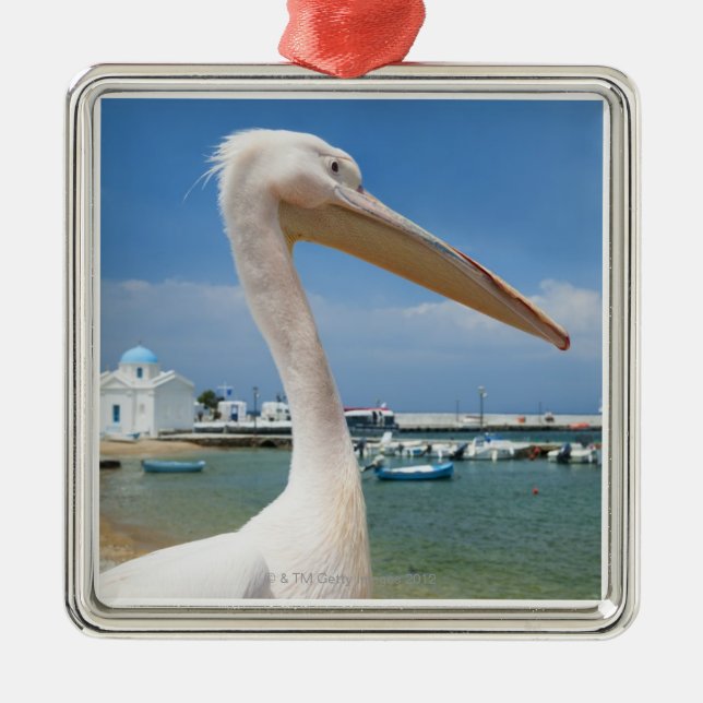 Greece, Cyclades Islands, Mykonos, Pelican on Metal Tree Decoration (Front)