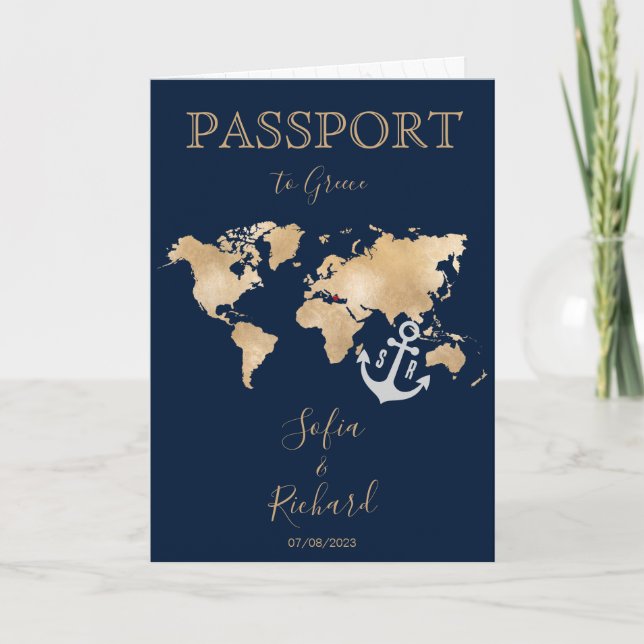 Greece Destination Wedding Passport Map and Anchor Invitation (Front)
