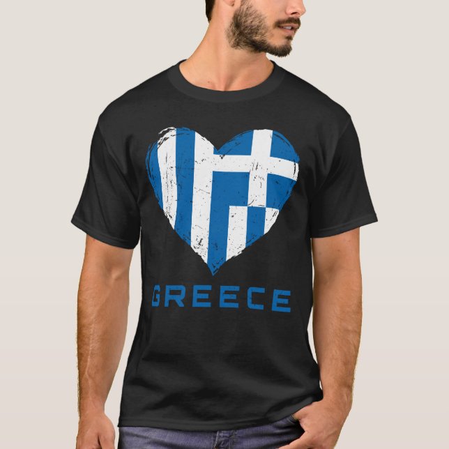 Greece Flag Heart Distressed Men's Black T-Shirt (Front)