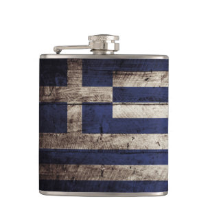 Greece Flag on Old Wood Grain Hip Flask