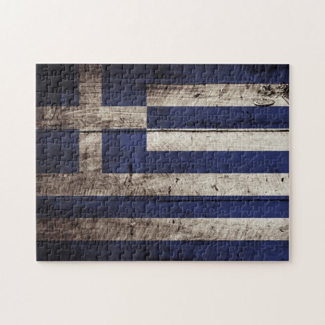 Greece Flag on Old Wood Grain Jigsaw Puzzle (Horizontal)