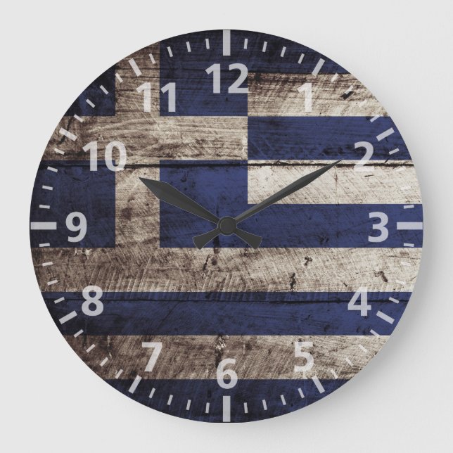 Greece Flag on Old Wood Grain Large Clock (Front)
