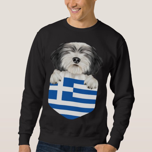 Greece Flag Polish Lowland Sheepdog Dog In Pocket Sweatshirt (Front)
