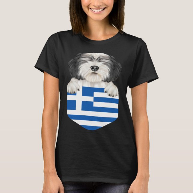 Greece Flag Polish Lowland Sheepdog Dog In Pocket T-Shirt (Front)