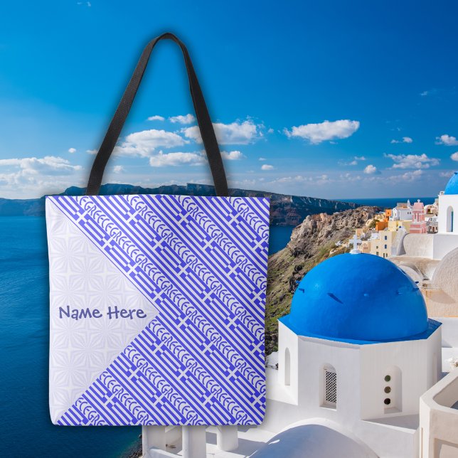 Greece Greek Flag Tiled Blue Personalised  Tote Bag (Personalized tote bag with tiled design of the Greek flag with the word GREECE below. )