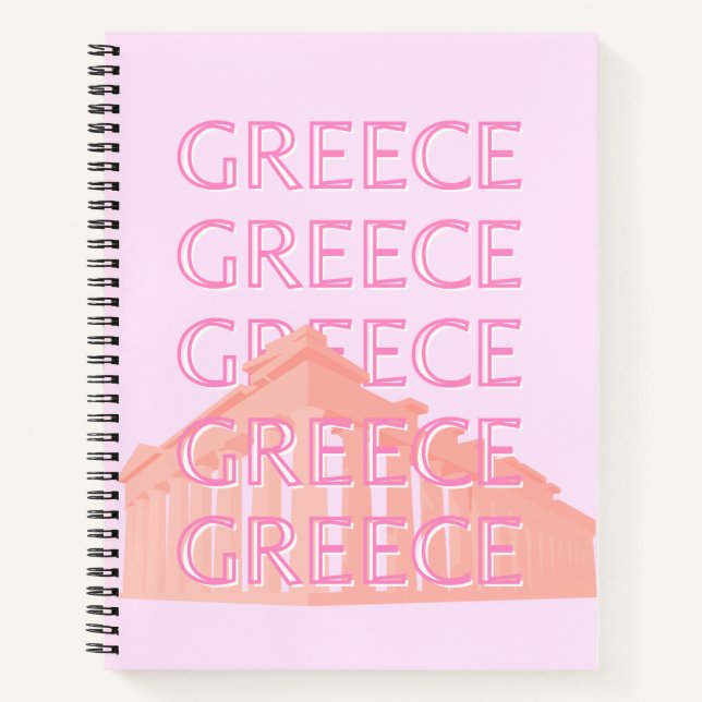 Greece, Greek Travel Art, Pastel Travel Art, Pink Notebook (Front)