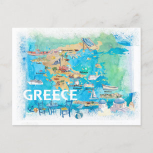 Greece Illustrated Travel Map with Landmarks  Postcard