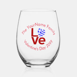 Greece LOVE Heart Flag Red Personalised Stemless Wine Glass