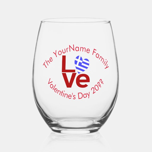 Greece LOVE Heart Flag Red Personalised Stemless Wine Glass (Front)