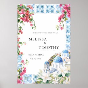 Greece Mediterranean Floral Tile Wedding Welcome  Poster