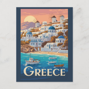 Greece Mykonos Illustration Travel Art Vintage Postcard