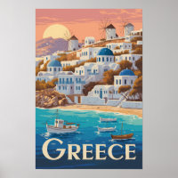 Greece Mykonos Illustration Travel Art Vintage
