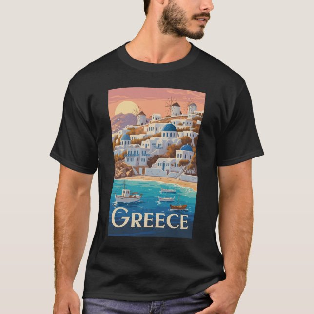 Greece Mykonos Illustration Travel Art Vintage T-Shirt (Front)