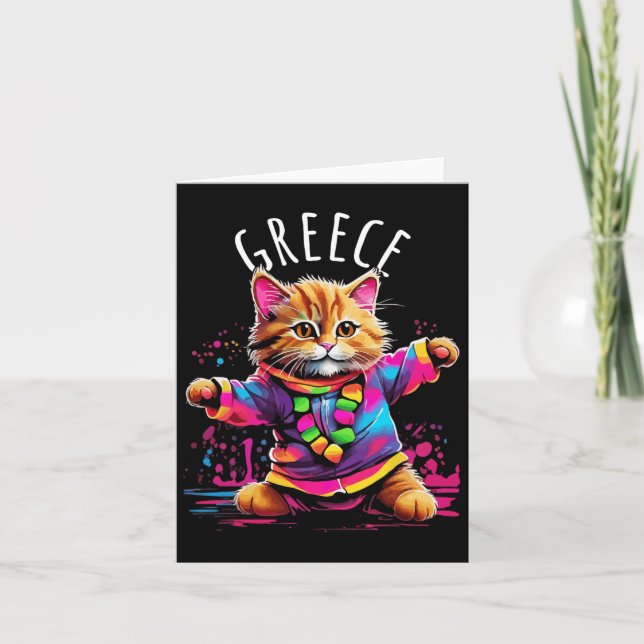 Greece Quirky Funny Cute Colourful Dancing Cat Des Card (Front)