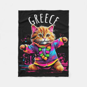 Greece Quirky Funny Cute Colourful Dancing Cat Des Fleece Blanket
