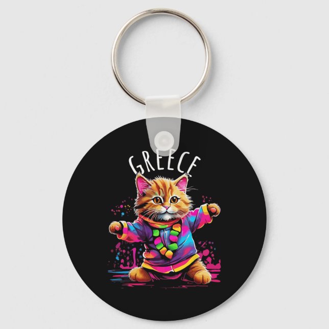 Greece Quirky Funny Cute Colourful Dancing Cat Des Key Ring (Front)