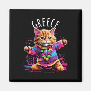 Greece Quirky Funny Cute Colourful Dancing Cat Des Magnet