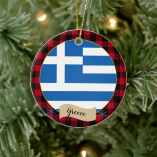 Greece, Red buffalo plaid & Greek Flag Ceramic Ornament