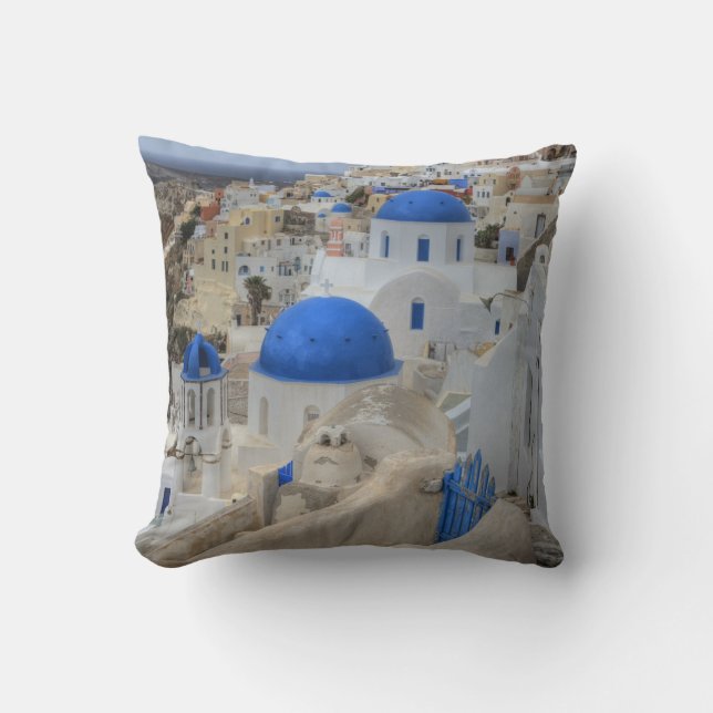 Greece, Santorini. Bell tower and blue domes Cushion (Front)