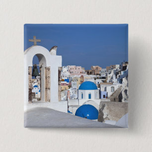 Greece, Santorini. Bell tower and blue domes of 2 15 Cm Square Badge