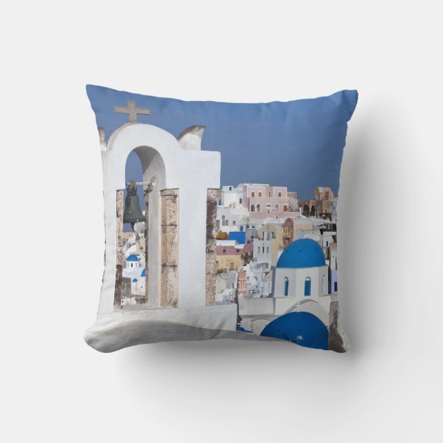Greece, Santorini. Bell tower and blue domes of 2 Cushion (Front)