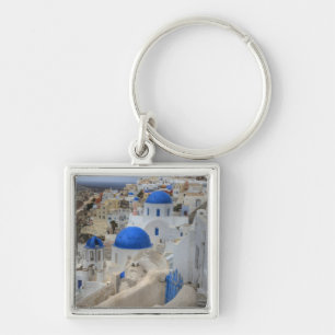 Greece, Santorini. Bell tower and blue domes of 3 Key Ring