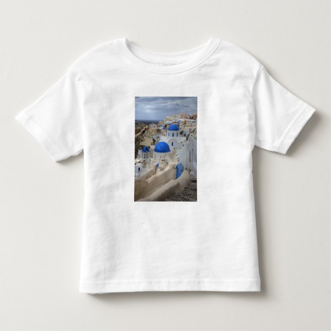 Greece, Santorini. Bell tower and blue domes of 3 Toddler T-Shirt (Front)