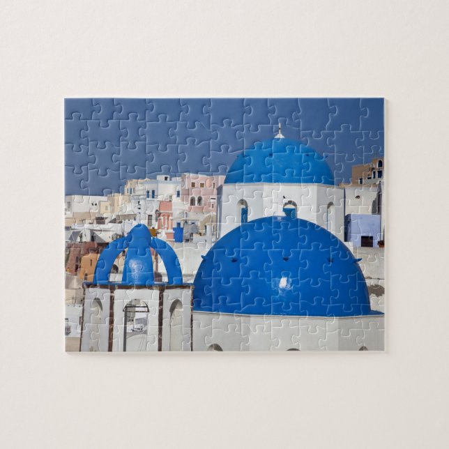 Greece, Santorini. Bell tower and blue domes of Jigsaw Puzzle (Horizontal)