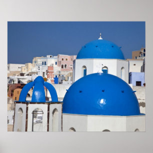 Greece, Santorini. Bell tower and blue domes of Poster