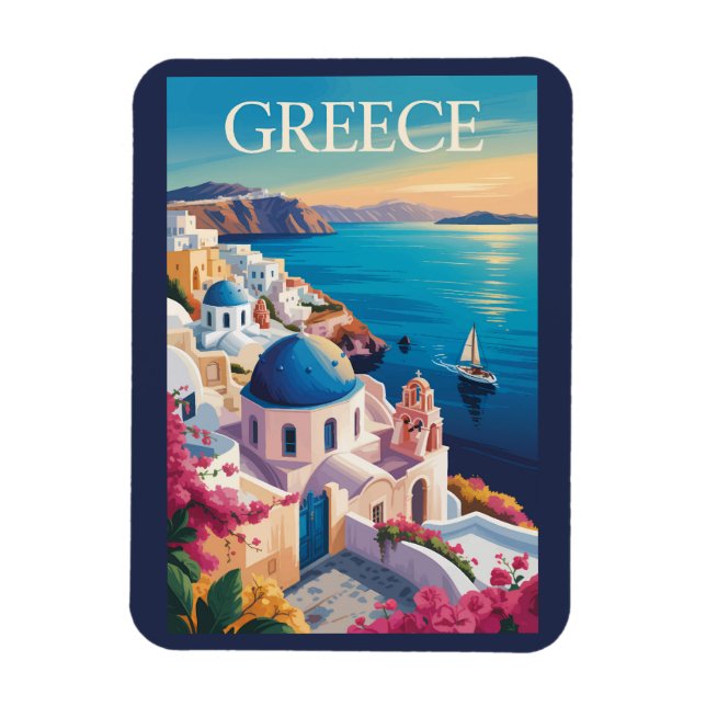 Greece Santorini Illustration Travel Art Vintage Magnet (Vertical)