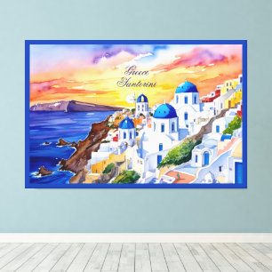 Greece Santorini Watercolor Sketch Aegean Sea Canvas Print