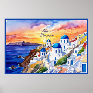 Greece Santorini Watercolor Sketch Aegean Sea    Poster