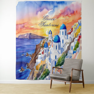 Greece Santorini Watercolor Sketch Aegean Sea    Tapestry