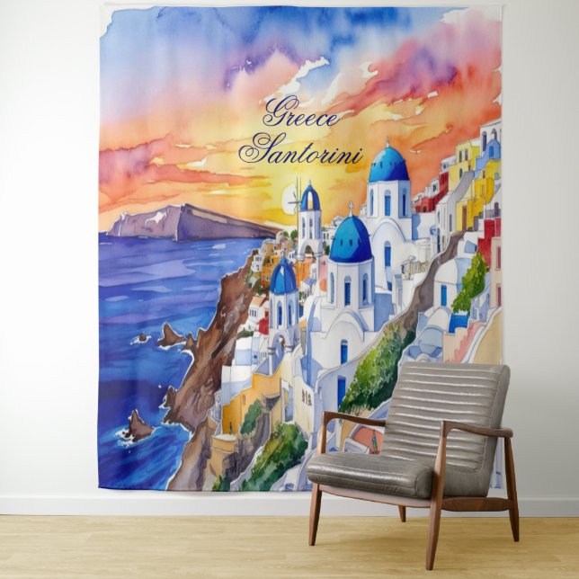 Greece Santorini Watercolor Sketch Aegean Sea |  Tapestry (In Situ)