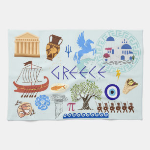 Greece Symbols Travel Lovers Tea Towel