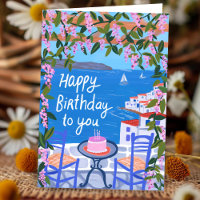 Greece Terrace Views Art Painting Happy Birthday