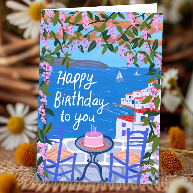 Greece Terrace Views Art Painting Happy Birthday Card (Greece Terrace Island Views Art Painting Happy Birthday Card
)