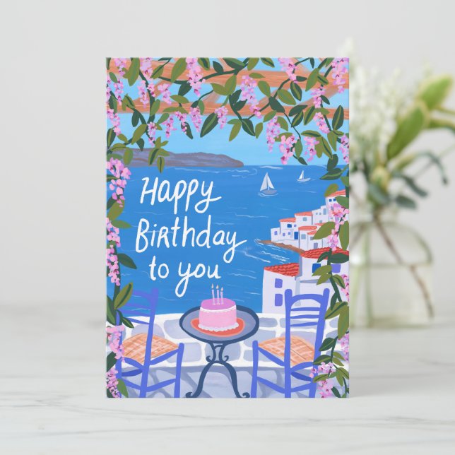 Greece Terrace Views Art Painting Happy Birthday Card (Standing Front)