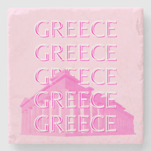 Greece, Travel Art, Pastel Travel Art, Pink Stone Coaster