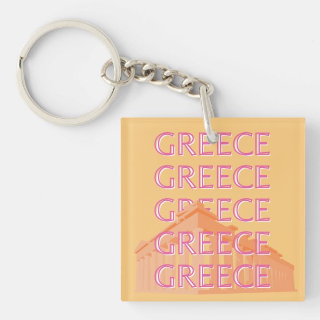 Greece Travel Art, Summer Travel Art, Orange Key Ring (Front)