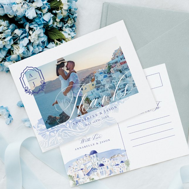 Greece Wedding Thank You Script Monogram Photo Postcard (Greece Wedding Thank You Script Monogram Photo Postcard)