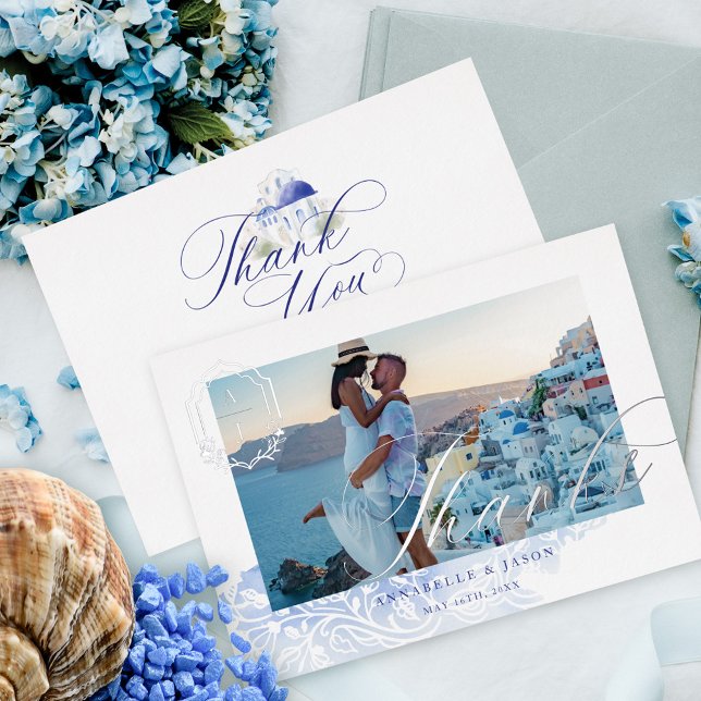 Greece Wedding Thanks Script Monogram Photo (Greece Wedding Thanks Script Monogram Photo Foil Invitation)