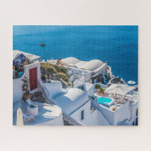 Greece White Hillside Buildings, Mediterranean Sea Jigsaw Puzzle