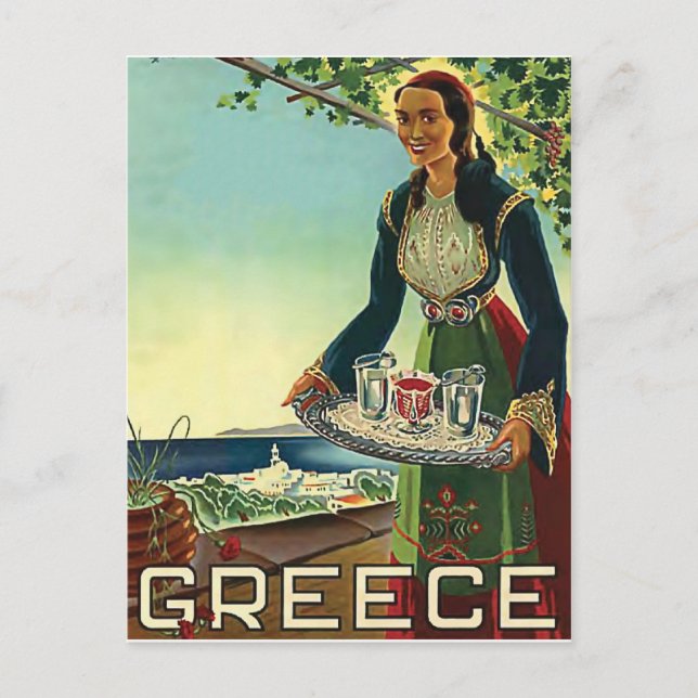 Greece, woman with traditional welcome, vintage postcard (Front)