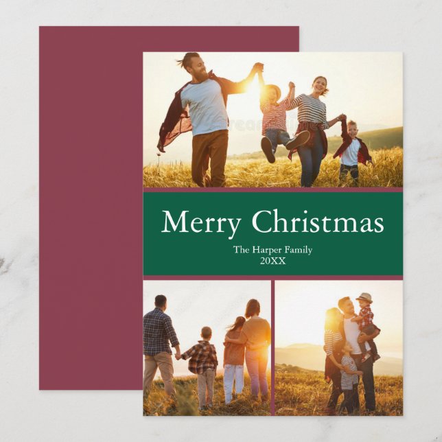 Greed Red Cute Family 3 Photo Merry Christmas Holiday Card (Front/Back)