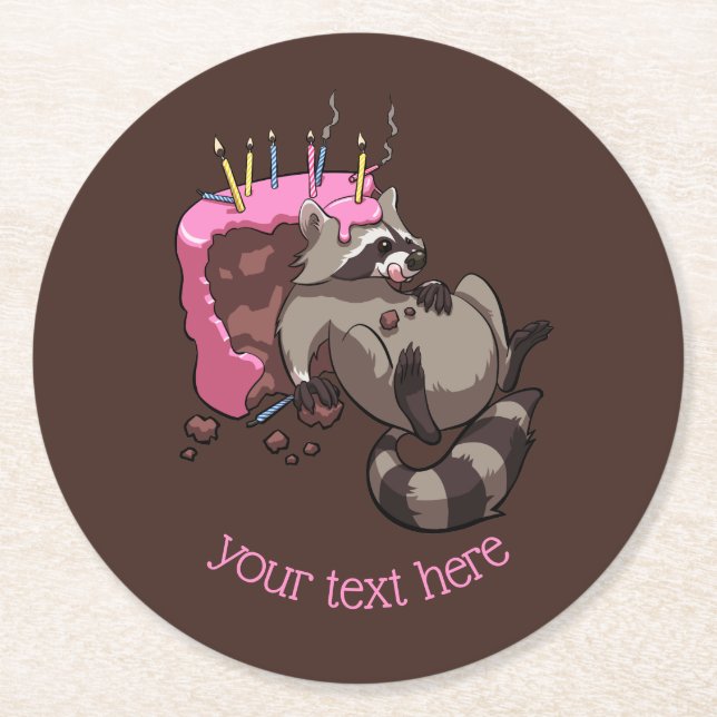 Greedy Raccoon Eating Iced Birthday Cake Cartoon Round Paper Coaster (Front)