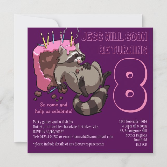 Greedy Racoon Birthday Party Cake Cartoon Invitation (Front)