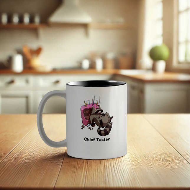 Greedy Racoon Cake Thief Cartoon With Caption Two-Tone Coffee Mug (Creator Uploaded)