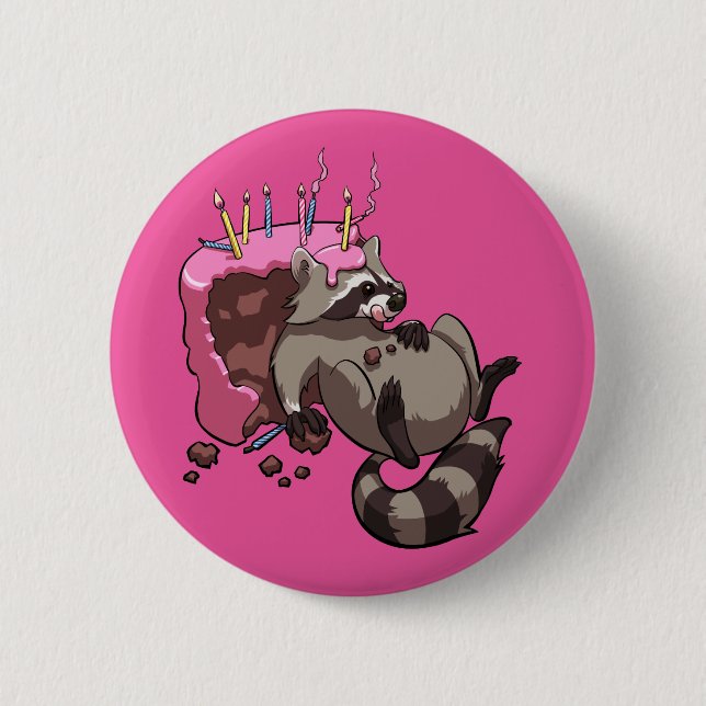 Greedy Racoon Full of Birthday Cake Cartoon 6 Cm Round Badge (Front)